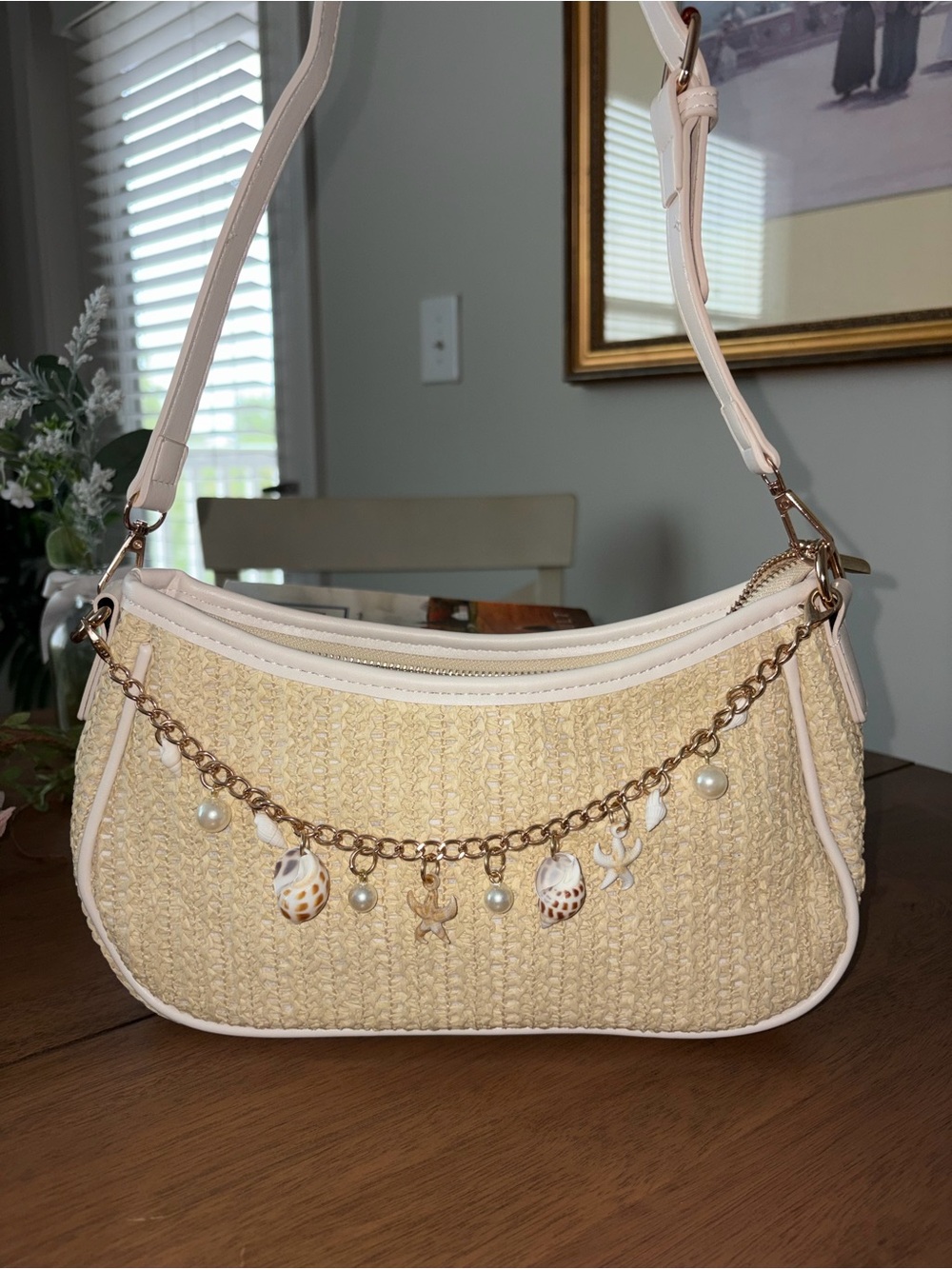 Beige Straw Shoulder Bag with Cream Trim and Charm Chain